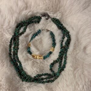 Triple Strand Turquoise and Cream Beaded Choker Necklace and Bracelet Set
